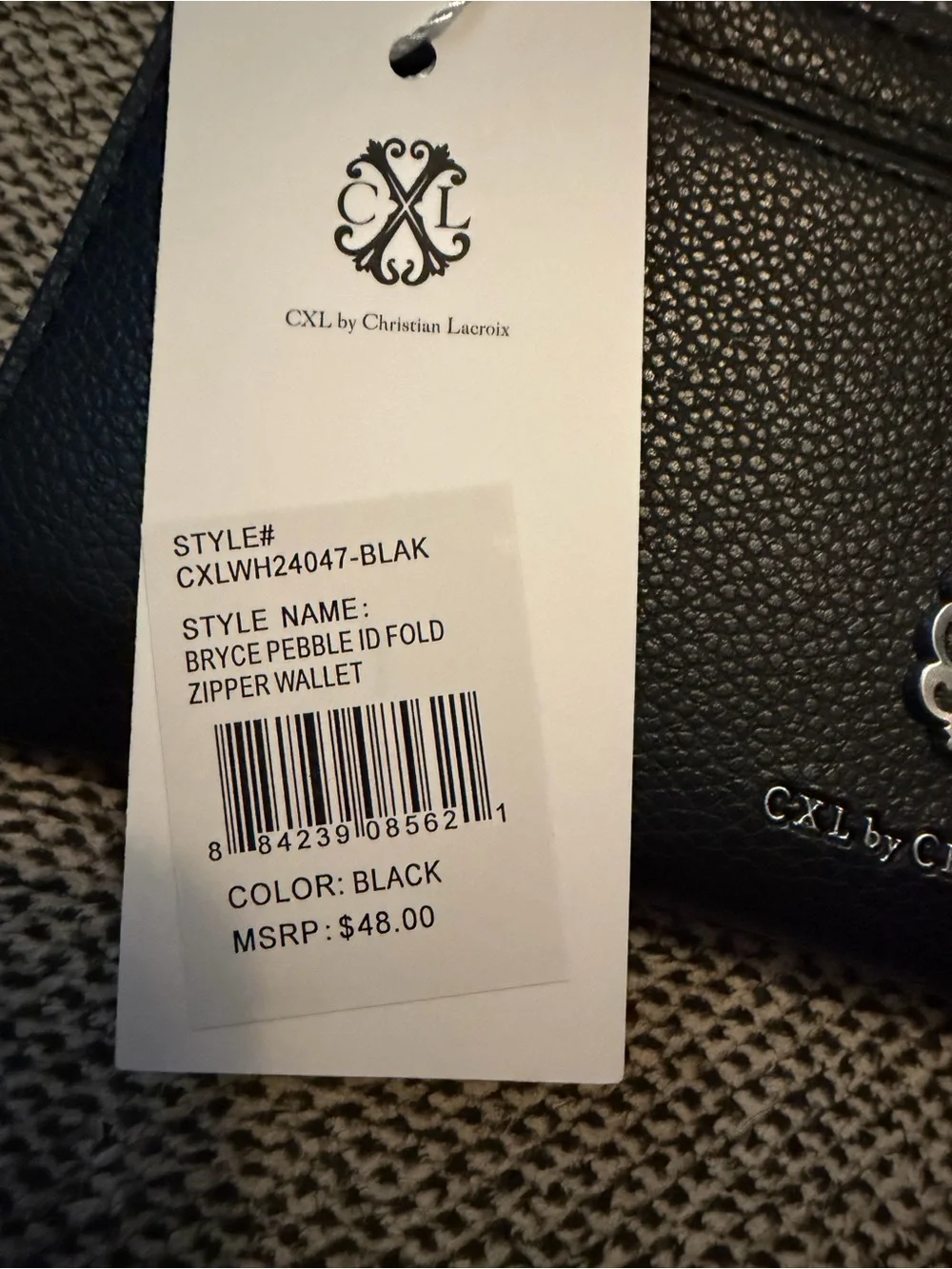 NWT CXL by Christian Lacroix Black Bryce Pebble Id Fold Zipper Wallet